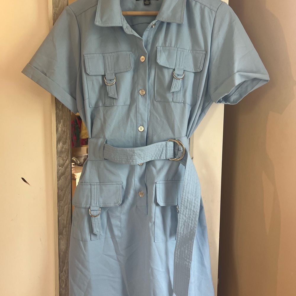 Sharagano Blue Polo Collar Buttoned Dress
